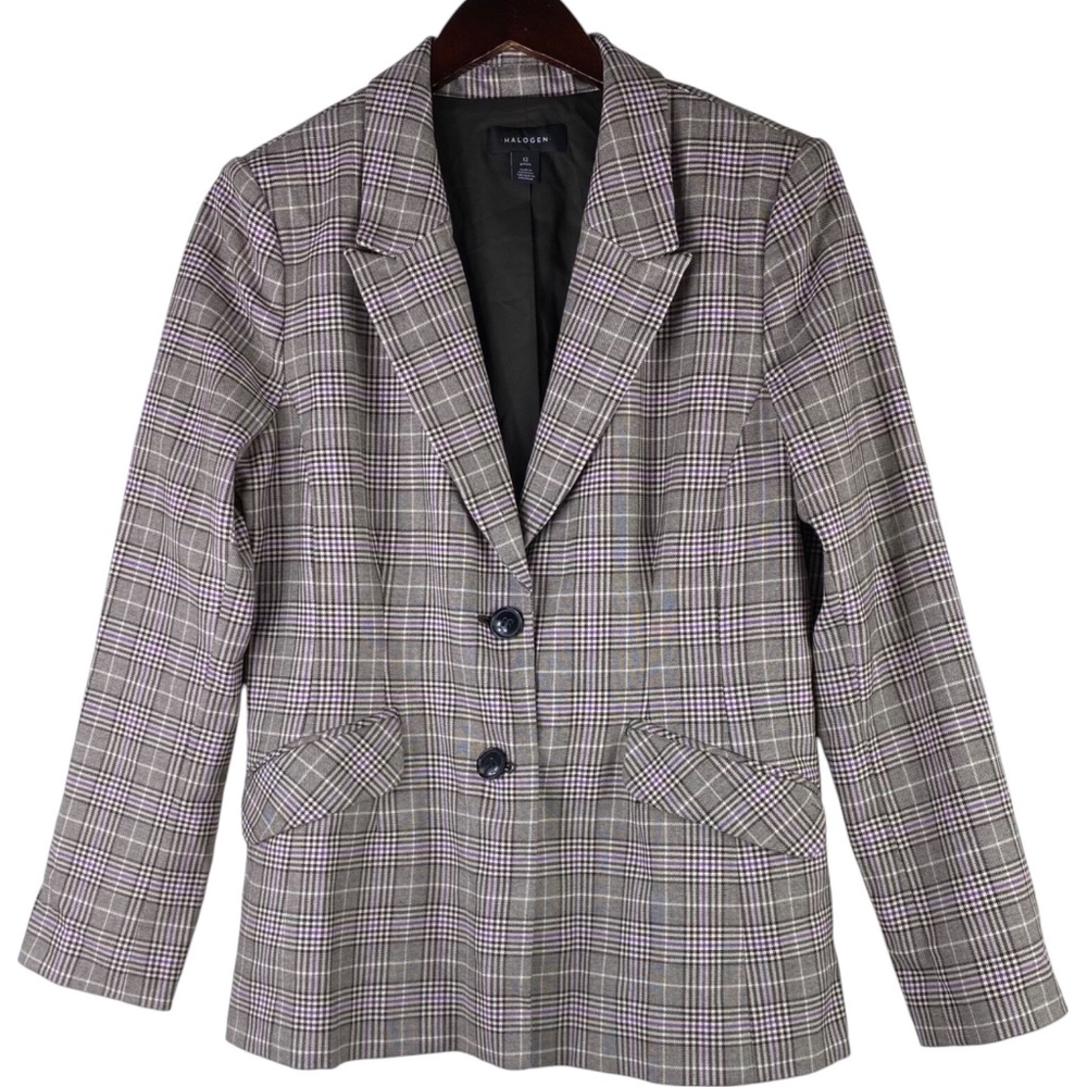 Halogen Sz 12 Petite 12P Large Blazer Jacket Plaid Gray Purple Career CHIC - Picture 2 of 5